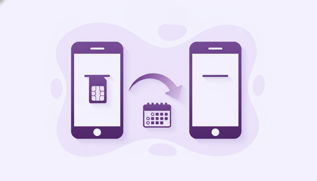 minimalist mobile number transfer process showing two smartphones, a SIM card, a digital transfer arrow, and a calendar with a few highlighted days