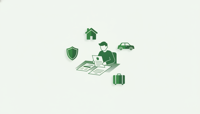 minimalist editorial illustration of a person reviewing insurance documents at a desk with a shield icon, a house icon, a car icon, and a travel suitcase icon around them