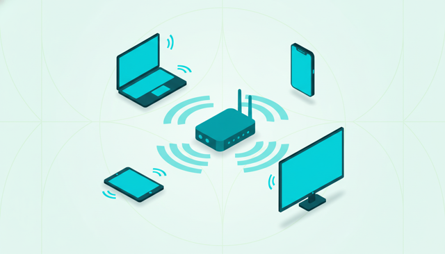 isometric illustration of a home network with a router in the center sending wireless signals to a laptop, smartphone, smart TV, and tablet
