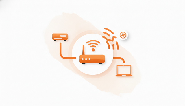 clean diagnostic illustration of a router, modem, and laptop with signal path flowing through the Ethernet cable, highlighting network troubleshooting without text