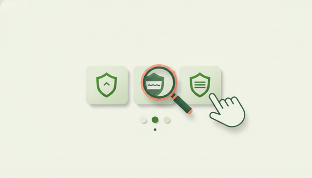 minimalist illustration of three insurance quote cards with different shield icons, a magnifying glass, and a hand comparing prices on a desk