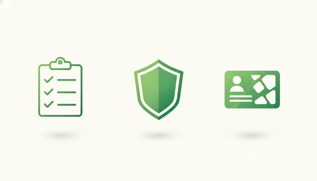 minimalist flat illustration of a checklist, a shield icon, and a membership card arranged in a balanced composition with no text
