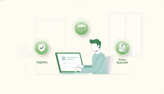clean editorial illustration of a person filling out an insurance membership form on a laptop, with subtle icons representing eligibility, policy approval, and coverage