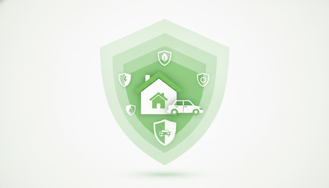 modern flat illustration of insurance coverage layers around a house and car, with shield icons representing different protection levels, no text, no labels