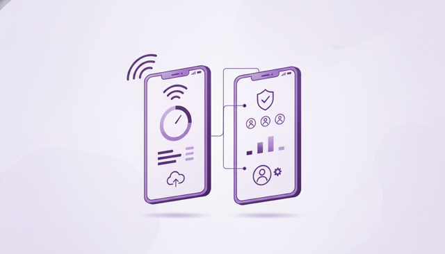 minimalist smartphone screen showing a data usage dashboard next to a mobile carrier app overview, with abstract signal waves and no text