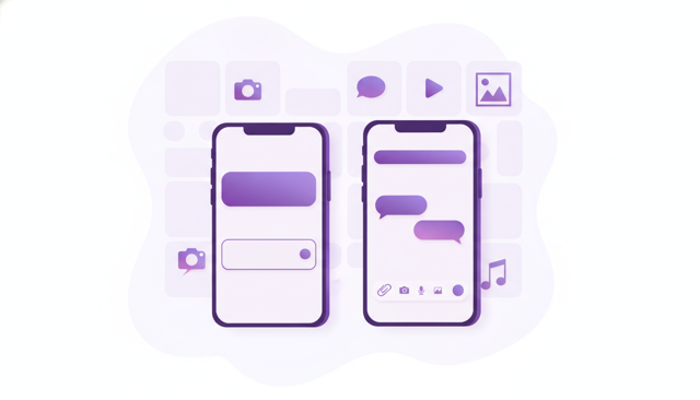 side-by-side illustration of two generic smartphones, one showing a simple SMS compose screen and the other a message app with attachment icon, no text labels