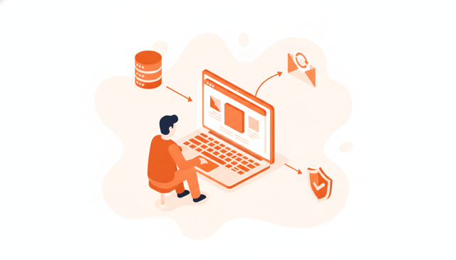 clean isometric illustration of a person editing domain settings on a laptop, with arrows pointing from the domain name to a website server, mail server, and security shield