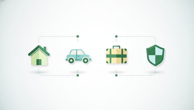 minimalist flat illustration of a house, a car, a suitcase, and a shield arranged in a clean insurance concept layout with soft colors