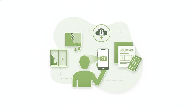 clean editorial illustration of a person documenting household damage with a smartphone, camera icon, insurance form, receipts, and a secure digital submission symbol, no text or labels