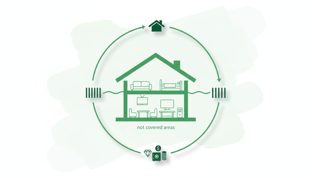 flat illustration of a home interior split into covered and not covered areas, showing furniture and electronics inside but highlighting roof, walls, and valuables as separate categories