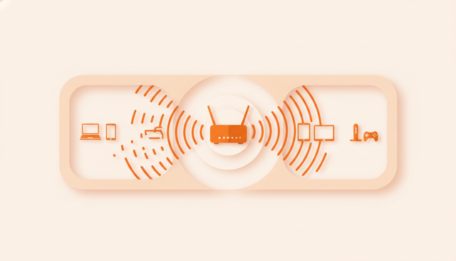 isometric illustration of a modern Wi-Fi router in a home setting with signal waves reaching different rooms, showing a simple comparison between weak and strong coverage