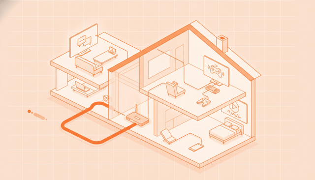 minimalist illustration of a modern home with several devices streaming, gaming, and video calling connected to a broadband line