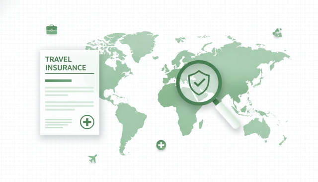 clean flat illustration of a travel insurance policy document beside a map highlighting Turkey between Europe and Asia, with a magnifying glass emphasizing coverage review