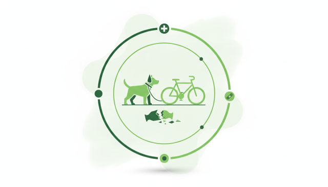 minimalist illustration of a dog on a leash near a bicycle and a broken vase, showing liability coverage versus optional veterinary care