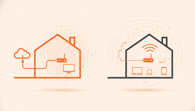 minimalist comparison illustration showing a wired Ethernet connection versus a wireless Wi-Fi connection inside a simplified house, emphasizing stability and low latency
