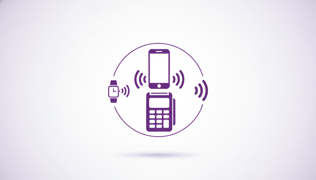 clean flat illustration of a smartphone paying at a store terminal, with a watch and two contactless waves, showing digital payment in everyday use