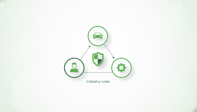 minimal flat illustration showing three connected circles for employee, vehicle, and industry rules, with a shield symbol in the center and no text