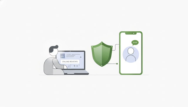 clean editorial illustration of a customer reading online reviews on a laptop beside a shield icon and a phone with a support agent, neutral style, no text