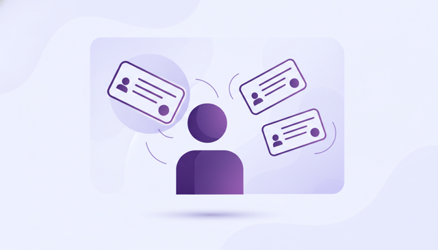 flat illustration of a person choosing between several floating mobile phone numbers represented as simple cards, with one highlighted as selected