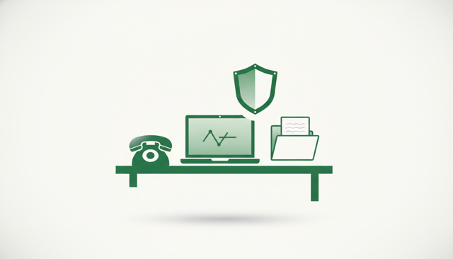 minimalist illustration of a customer service desk with a phone, laptop, document folder, and shield icon, in a clean Scandinavian style