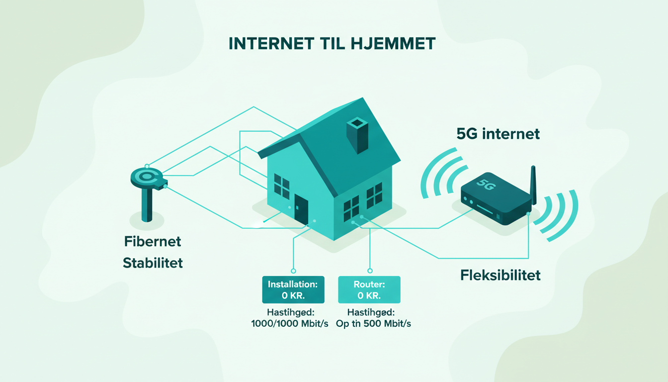 clean comparison illustration showing a fiber cable on one side and a 5G router with signal waves on the other, with a home in the center. Danish labels: "Fibernet", "5G internet", "Stabilitet", "Fleksibilitet"