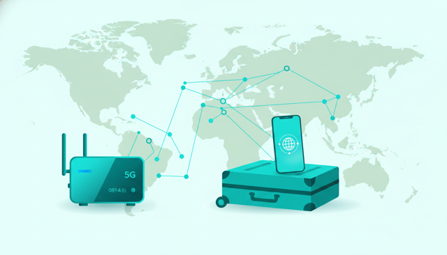 modern travel setup with a portable 5G router, suitcase, smartphone, and a subtle world map background, showing mobile connectivity on the go