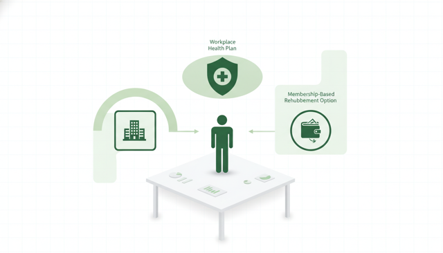 isometric illustration of a person comparing a workplace health plan, a private insurance plan, and a membership-based reimbursement option on a clean desk