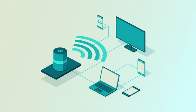 isometric illustration of a home interior with a 5G router on a shelf sending wireless signal waves to a laptop, smartphone, smart TV, and tablet