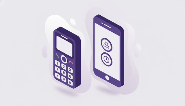 senior-friendly mobile phones displayed side by side, including a large-button feature phone and a simple smartphone, on a clean neutral background