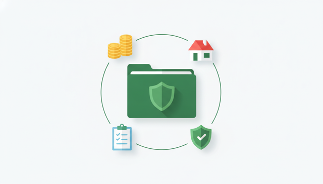 clean flat illustration of a Danish home insurance policy folder with shield icon, coins, house, and checklist symbols arranged around it
