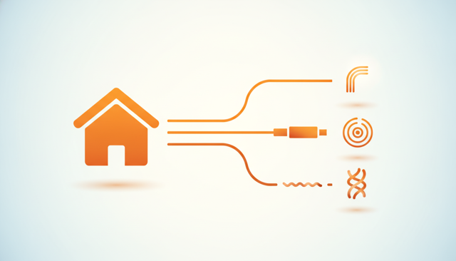 minimalist illustration of a house connected to different internet lines, showing fiber, coax, and copper routes without text or labels