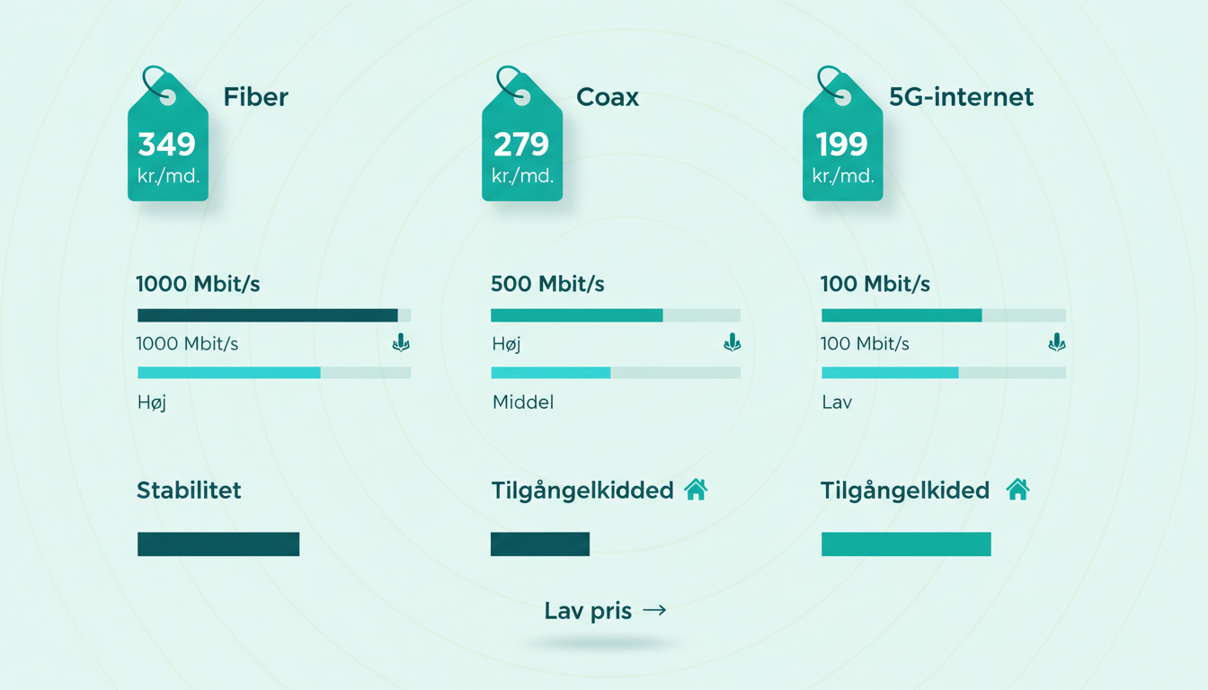 minimalist comparison chart showing three internet options for a household with price tags and speed bars. Danish labels: "Fiber", "Coax", "5G-internet", "Lav pris", "Stabilitet", "Tilgængelighed"