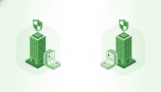 clean editorial illustration comparing two independent insurance companies, with separate office buildings, shield icons, policy documents, and distinct visual identities, no text or labels