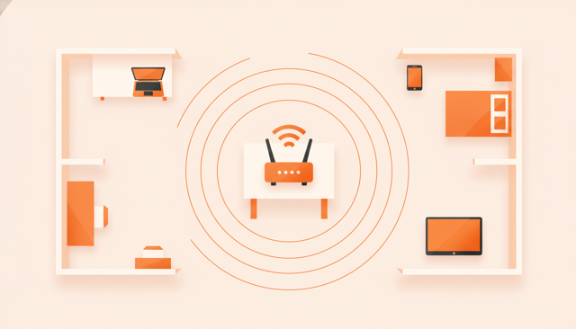 modern home interior showing a wireless router on a table with subtle signal waves reaching a laptop, smartphone, and smart TV in different rooms