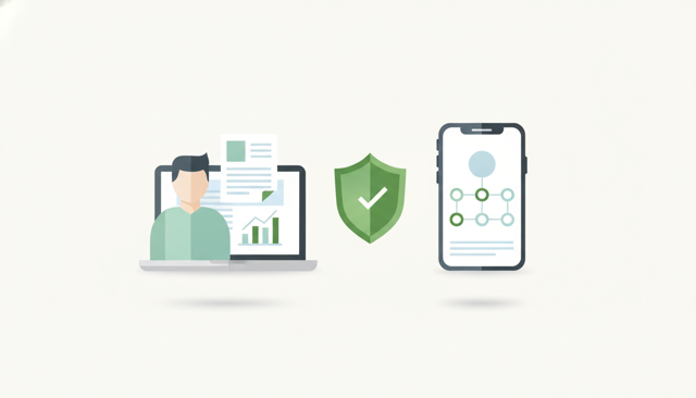 clean flat illustration of a customer reviewing insurance documents on a laptop beside a shield icon, with a phone showing a claims process, modern Nordic style
