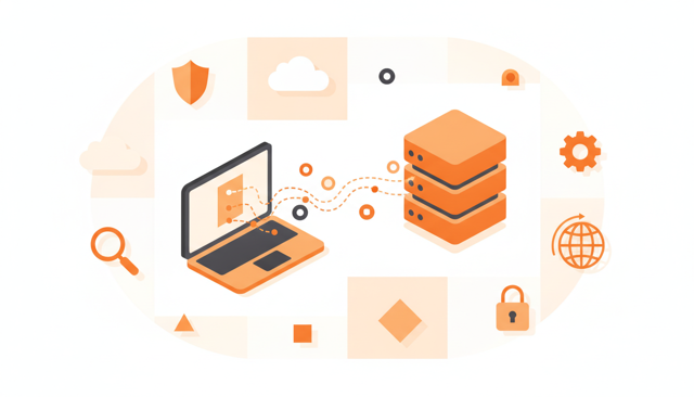 clean isometric illustration of a laptop sending a signal to a distant server and back, with a visible return path and no text