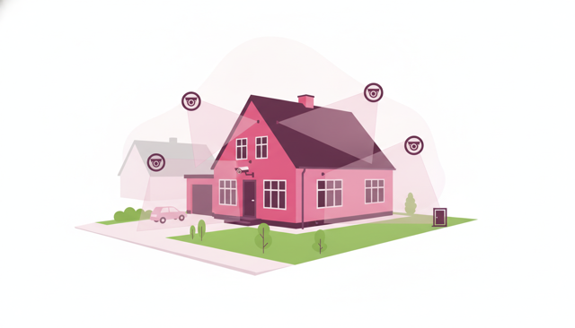 realistic but clean illustration of a detached Danish house with security cameras covering only the private driveway, garden, and front door, while a neighboring property and public sidewalk remain outside the camera fields, no text or labels