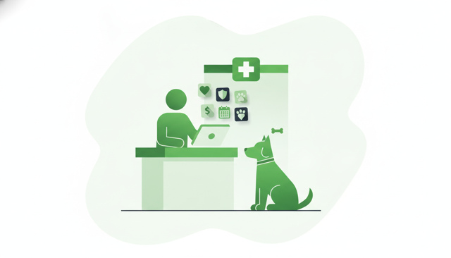 clean flat illustration of a dog owner reviewing pet insurance options beside a vet clinic desk, with a calm dog and simple medical icons