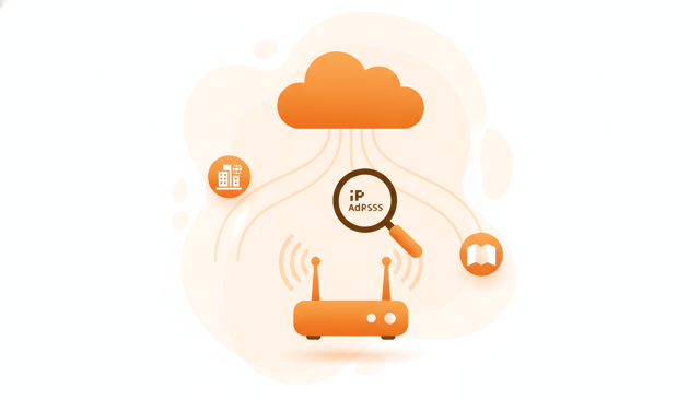 clean infographic showing a generic internet connection flowing from a router to a cloud with a magnifying glass over an IP address, emphasizing lookup results like provider and country without any text