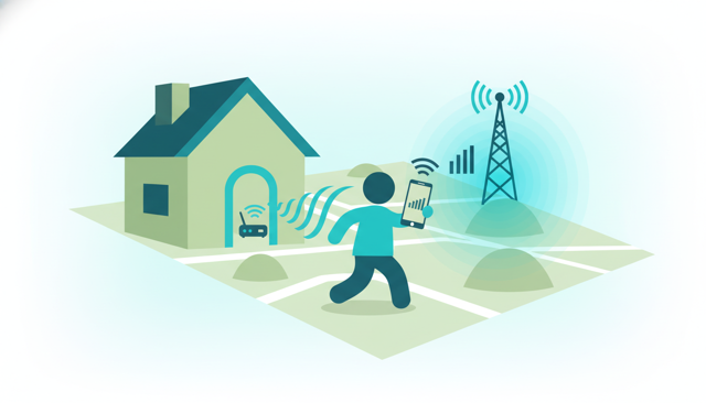 minimalist illustration of a smartphone switching from home Wi-Fi waves to mobile signal bars while walking out of a house