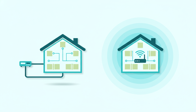minimalist comparison illustration showing a cable-connected house internet line versus a wireless Wi-Fi signal covering rooms inside a home