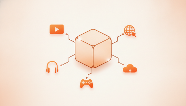 clean flat illustration of a large transparent data container connected to icons for video streaming, music, gaming, cloud backup, and web browsing, no text, labels, or numbers