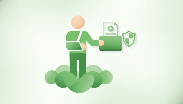 clean editorial illustration of a person with an arm cast receiving a fixed insurance payout, with subtle medical document and shield icons, no text, labels, or numbers