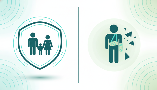 minimalist comparison illustration showing a family protected by a shield on one side and a person with a bandaged arm after an accident on the other, clean insurance concept art