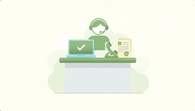 clean flat illustration of a customer service desk with a phone, laptop, insurance documents, and a friendly support agent icon, no text