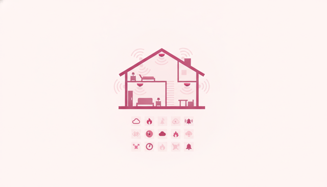 clean realistic illustration of interconnected smoke alarms mounted on the ceilings of a modern multi-room house, with subtle wireless connection waves, no text or labels