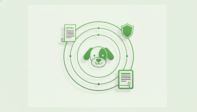 clean flat lay illustration of a dog, a vet bill, a shield icon, and a contract paper arranged on a desk in a simple modern style