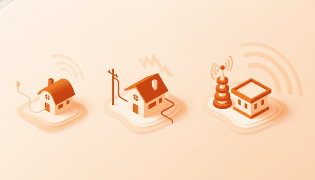 clean comparison illustration showing three internet connection types as simple house setups with subtle signal waves, one fiber line, one cable line, and one 5G antenna