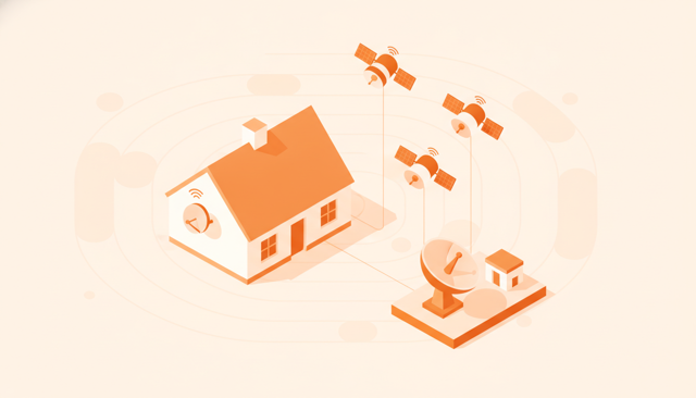 realistic cutaway illustration showing a small satellite dish outside a rural Danish house communicating with several low-orbit satellites and a ground station, no text or labels