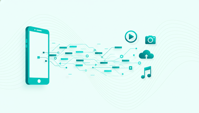 clean flat illustration showing a smartphone connected to a network of flowing digital packets, with a separate set of media icons representing data content